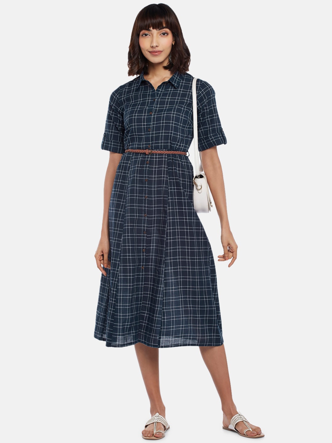 

AKKRITI BY PANTALOONS Navy Blue Checked Shirt Midi Dress