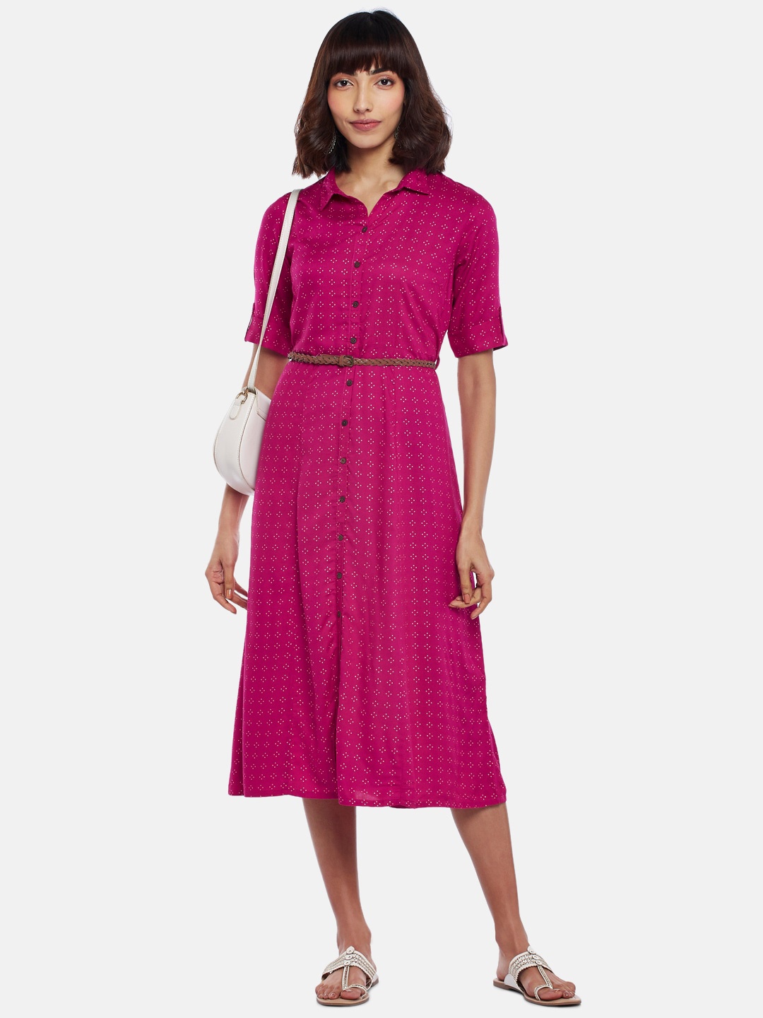 

AKKRITI BY PANTALOONS Fuchsia Pink Shirt Midi Dress