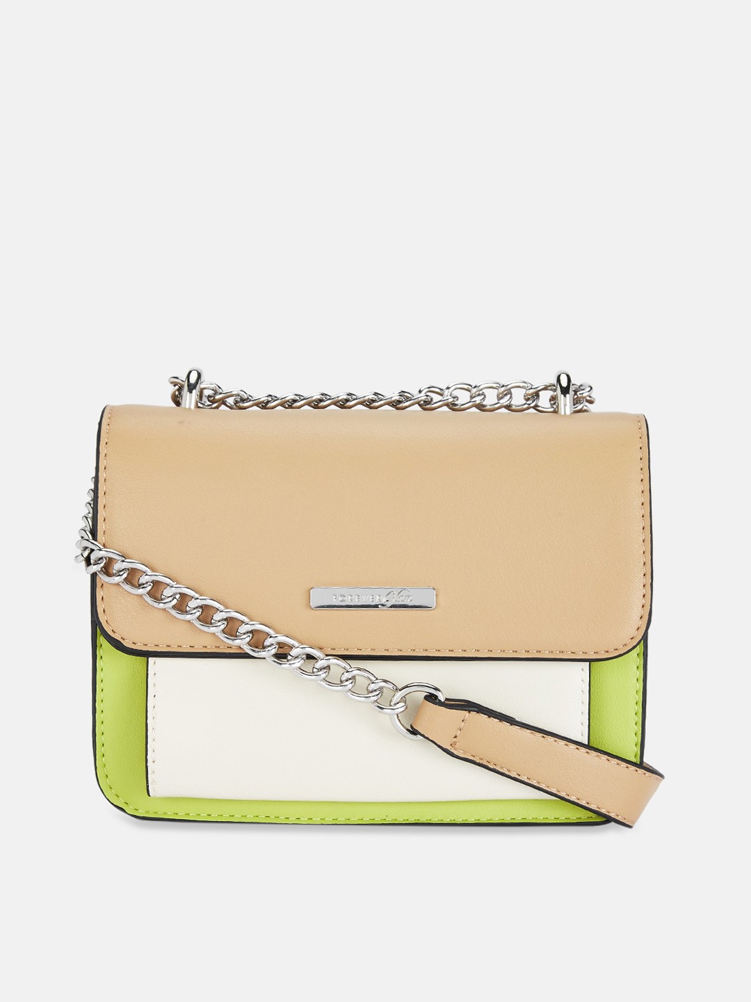 

Forever Glam by Pantaloons Beige & Green Colourblocked Structured Sling Bag