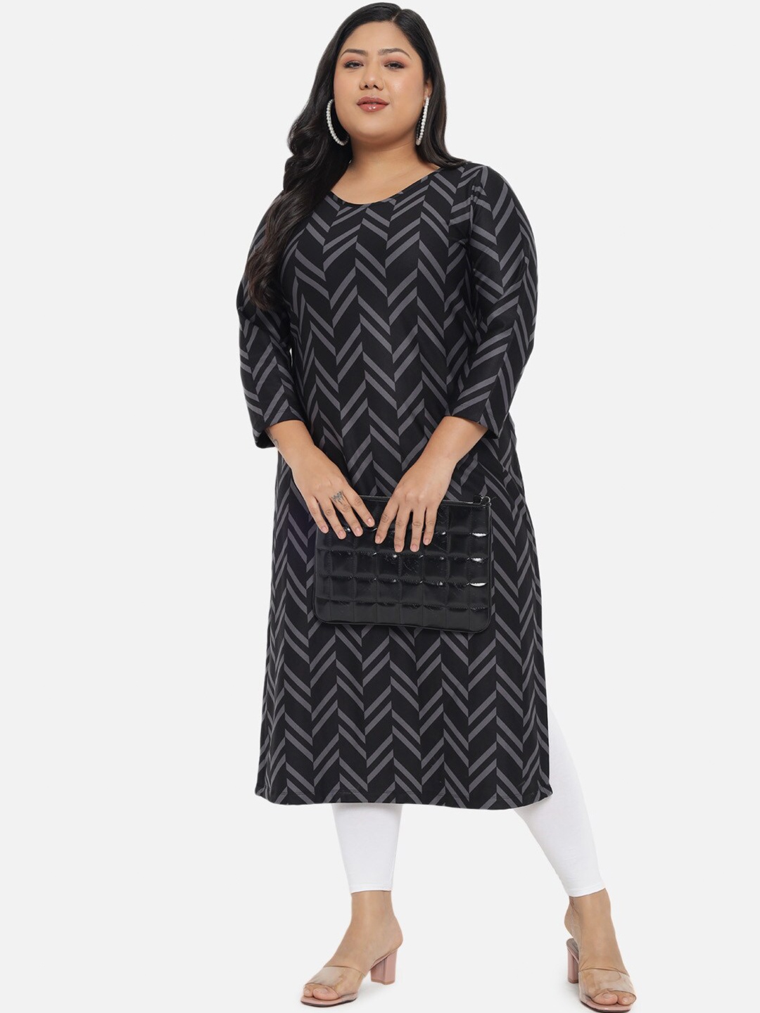 

Amydus Women Plus Size Grey Chevron Printed Winter Fleece Kurta