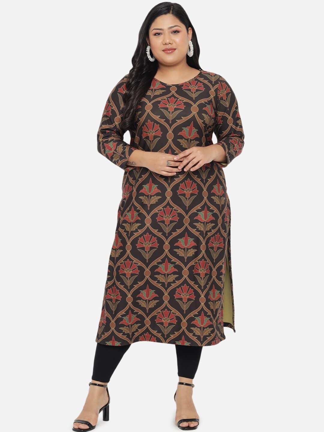 

Amydus Women Plus Size Green & Red Ethnic Motifs Printed Winter Fleece Kurta