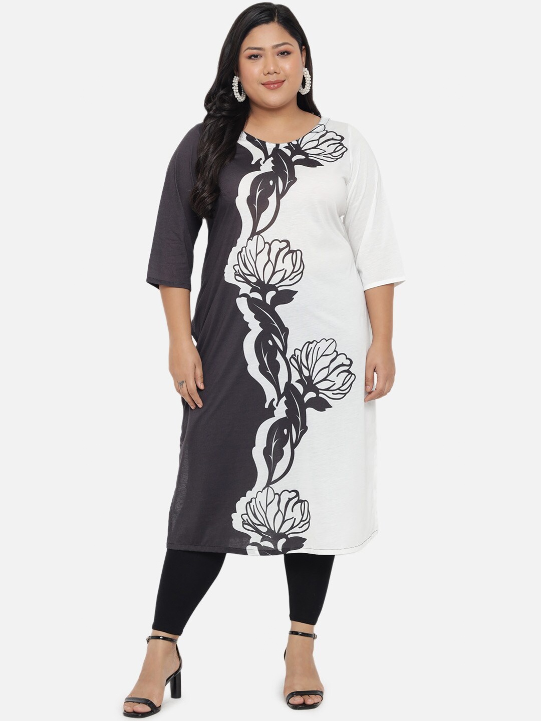 

Amydus Women Plus Size Black Floral Printed Kurta