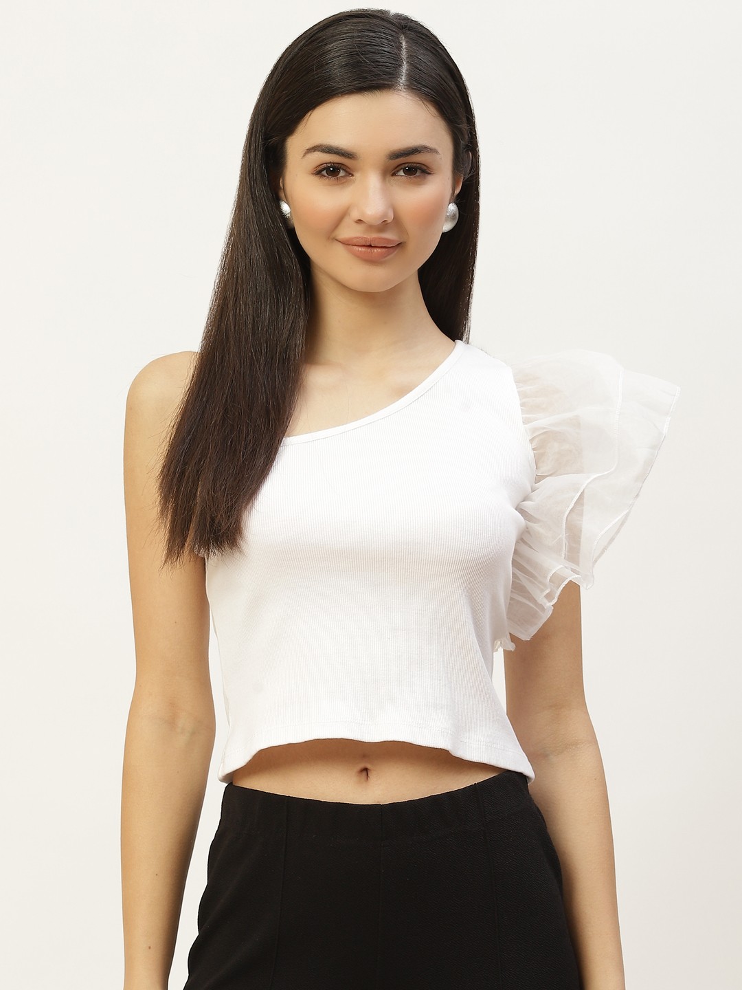 

Off Label White One Shoulder Crop Top With Ruffle Detail