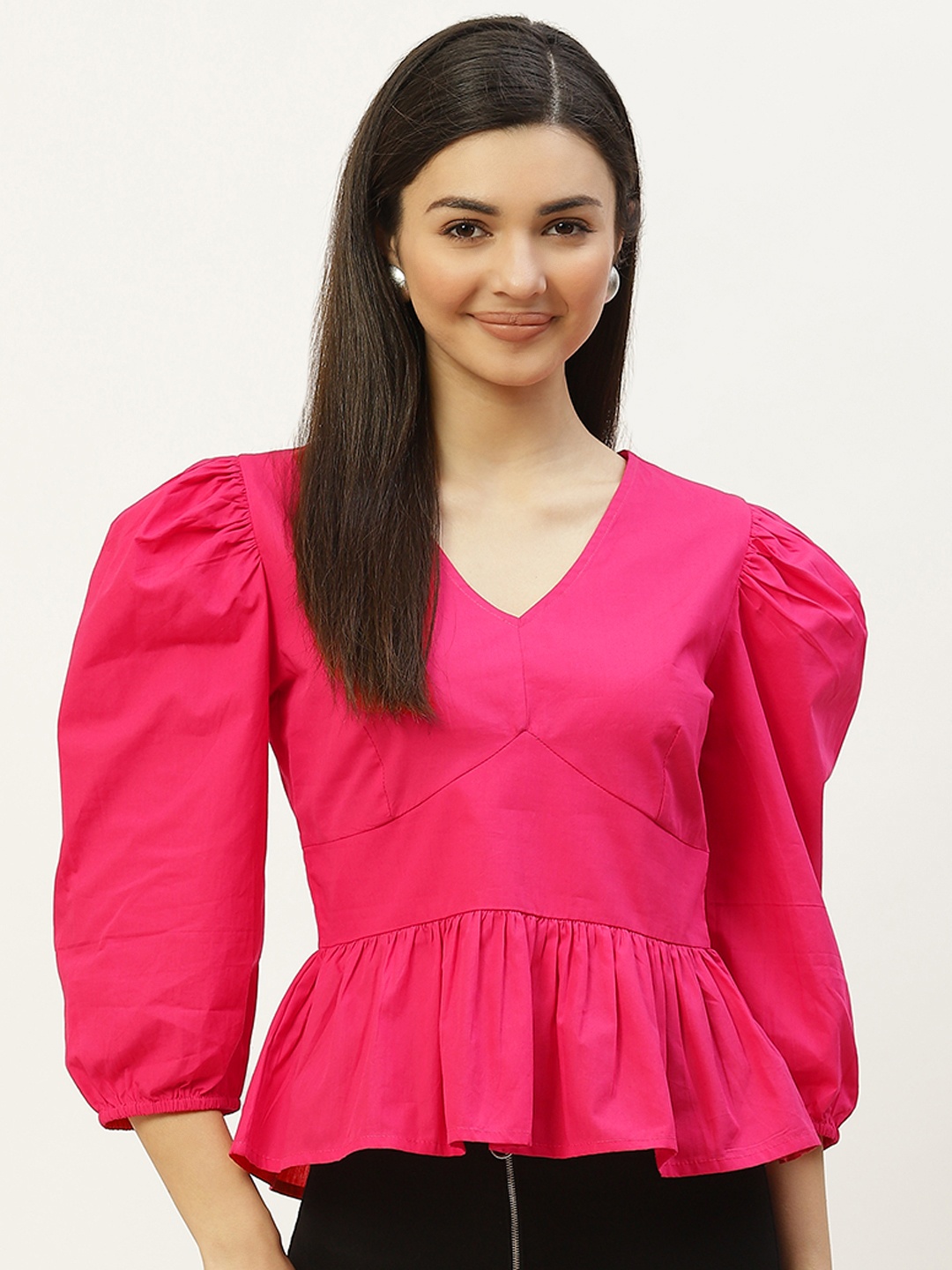 

Off Label Pink Solid V-Neck Peplum Style Top
