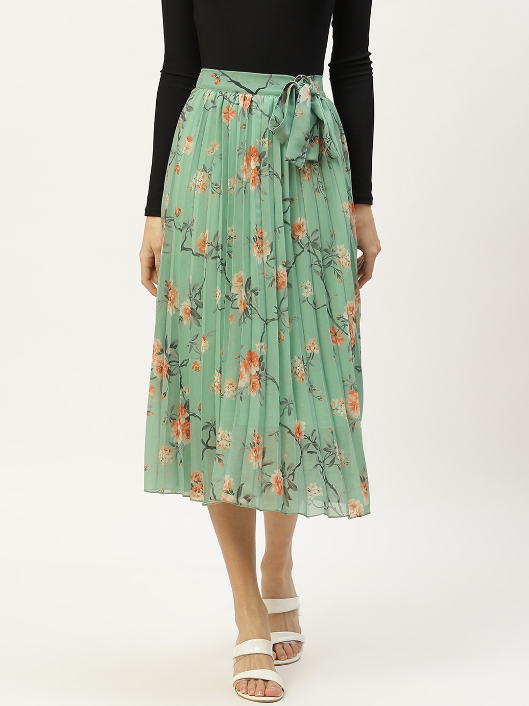 

Off label Women Green & Orange Floral Printed Accordion Pleated Flared Belted Skirt
