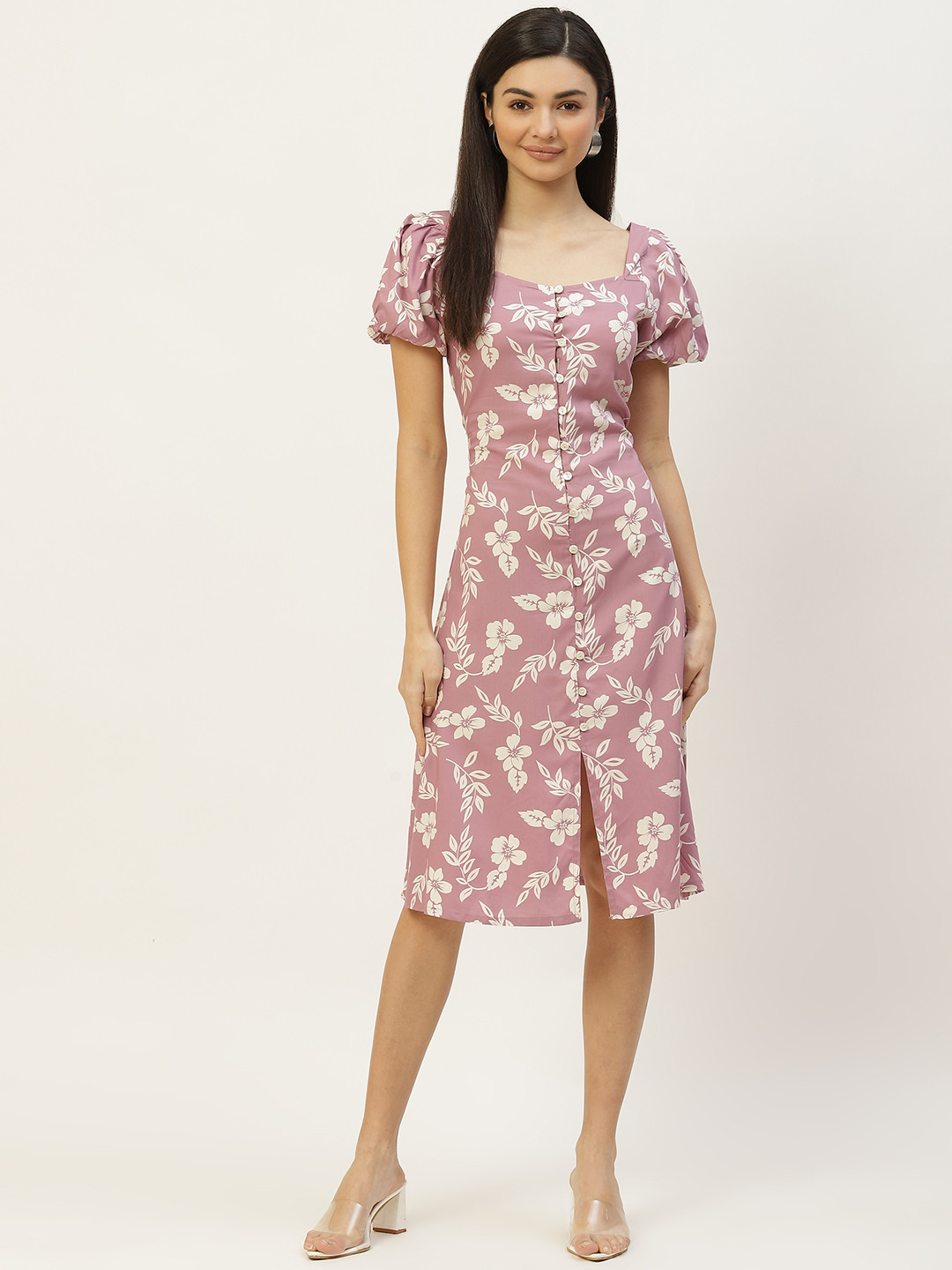 

Off Label Purple & White Floral A-Line Dress with Puff Sleeves