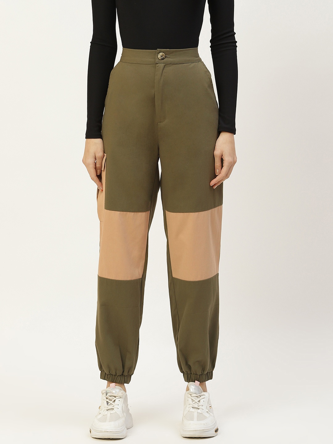 

Off Label Women Olive Green & Beige Colourblocked High-Rise Joggers Trousers