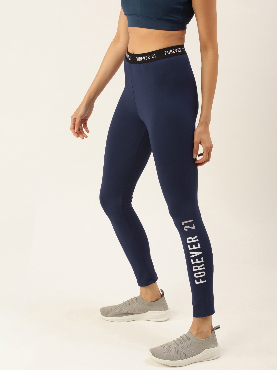 

FOREVER 21 Women Navy Blue Brand Logo Printed Ankle-Length Leggings