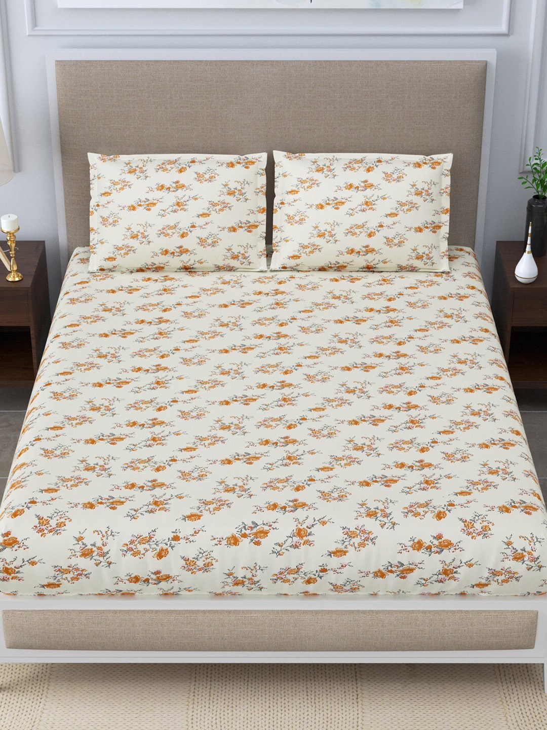 

LINENWALAS Happy Sleeping Mustard Floral Printed 300 TC King Bedsheet with 2 Pillow Covers