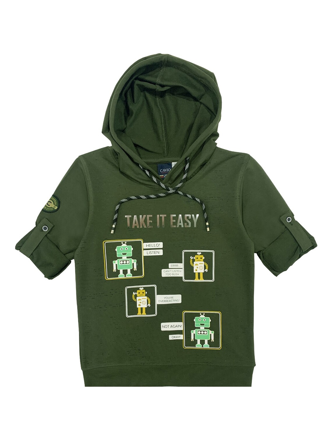 

CAVIO Boys Olive Green Typography Printed Roll-Up Sleeves T-shirt