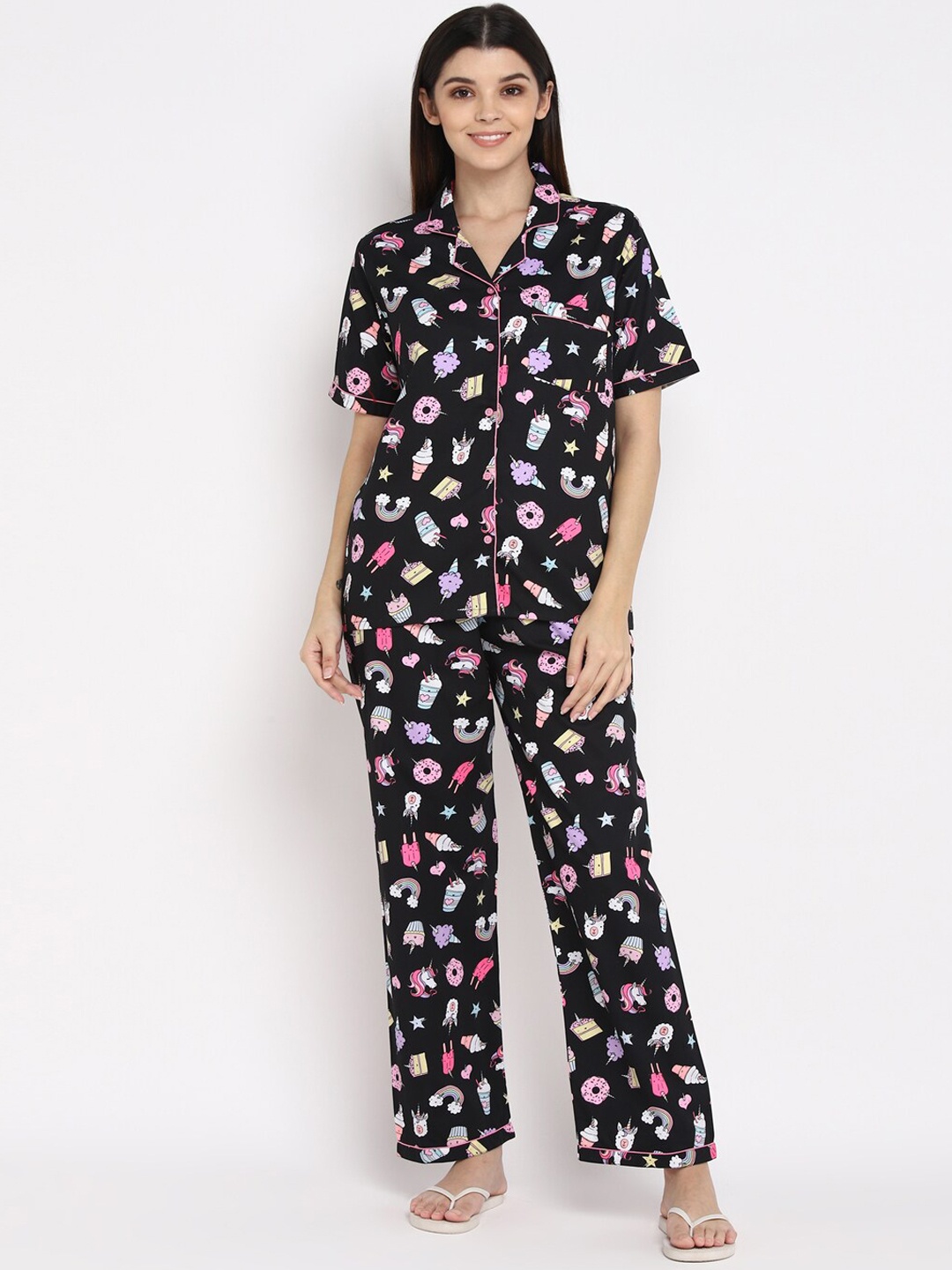 

shopbloom Black Unicorn Print Short Sleeve Night Suit
