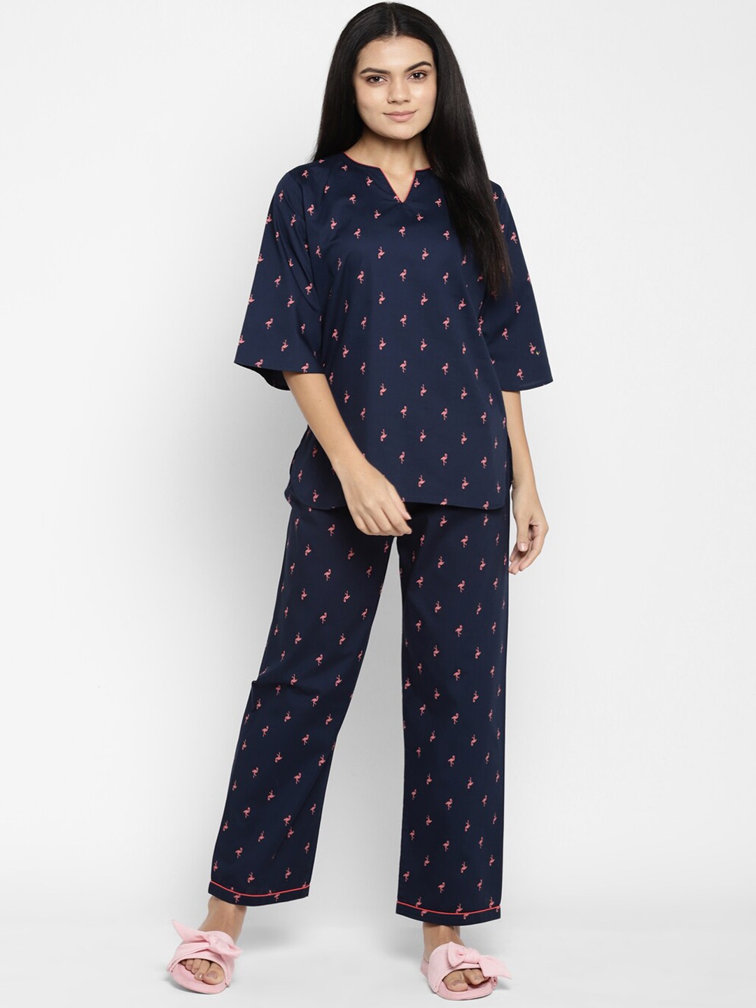 

Shopbloom Women's Navy Blue Cute Flamingo Print V Neck Night Suit