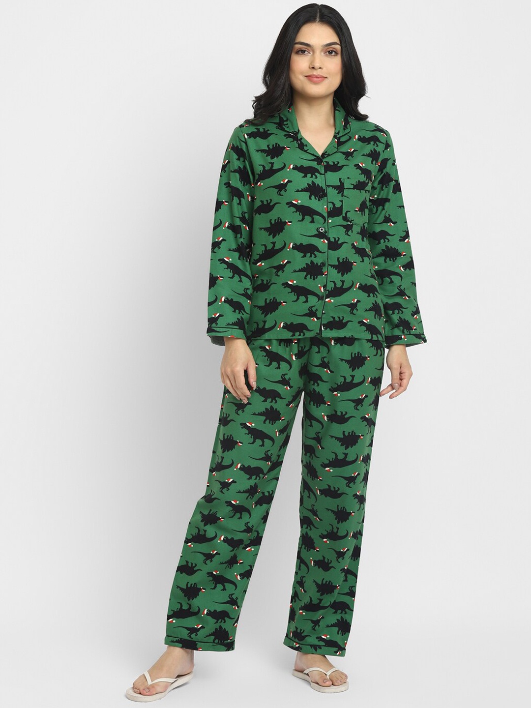 

shopbloom Women Green & Black Printed Cotton Night suit