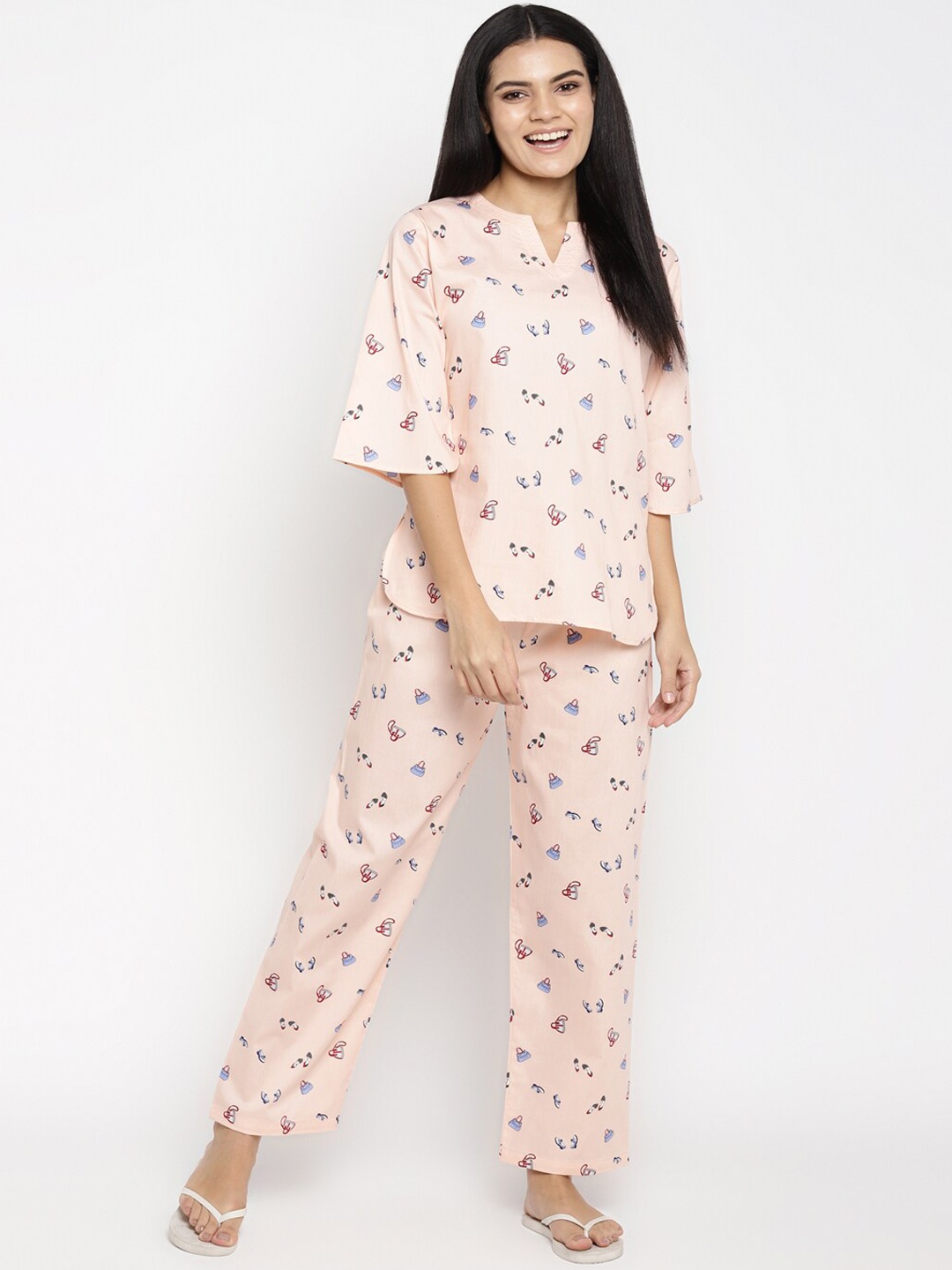 

shopbloom Peach Bags & Shoes Print V Neck Night Suit
