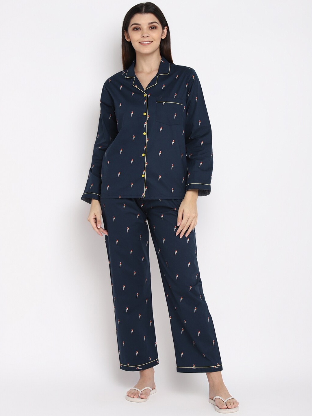 

Shopbloom Women's Navy Blue Parrot Print Long Sleeve Night Suit