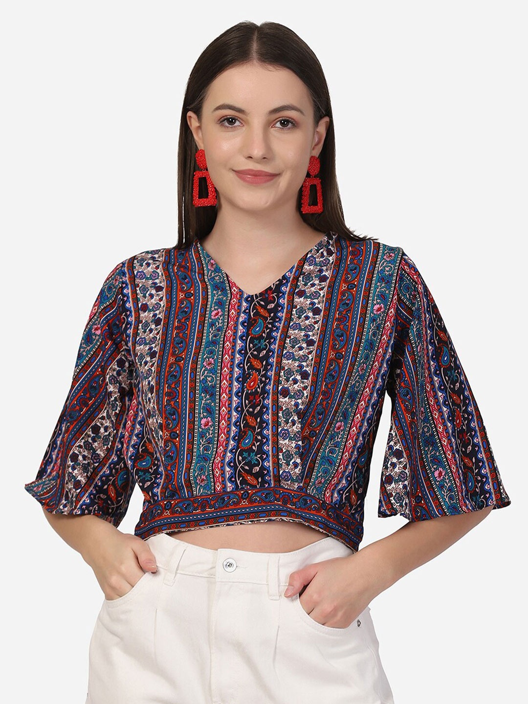 

Selvia Multicoloured Tribal Print Crepe Crop Top, Multi