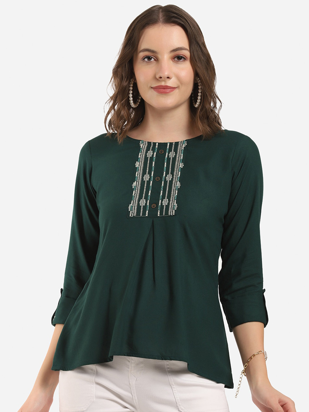

Selvia Green Embroidered Roll-Up Sleeves Top