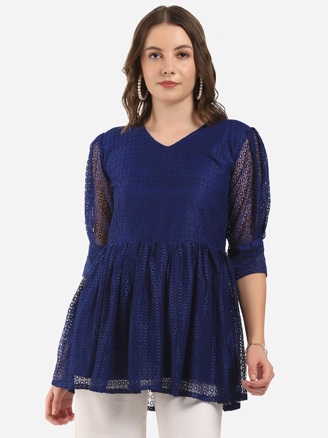 

Selvia Navy Blue Net Peplum Longline Top