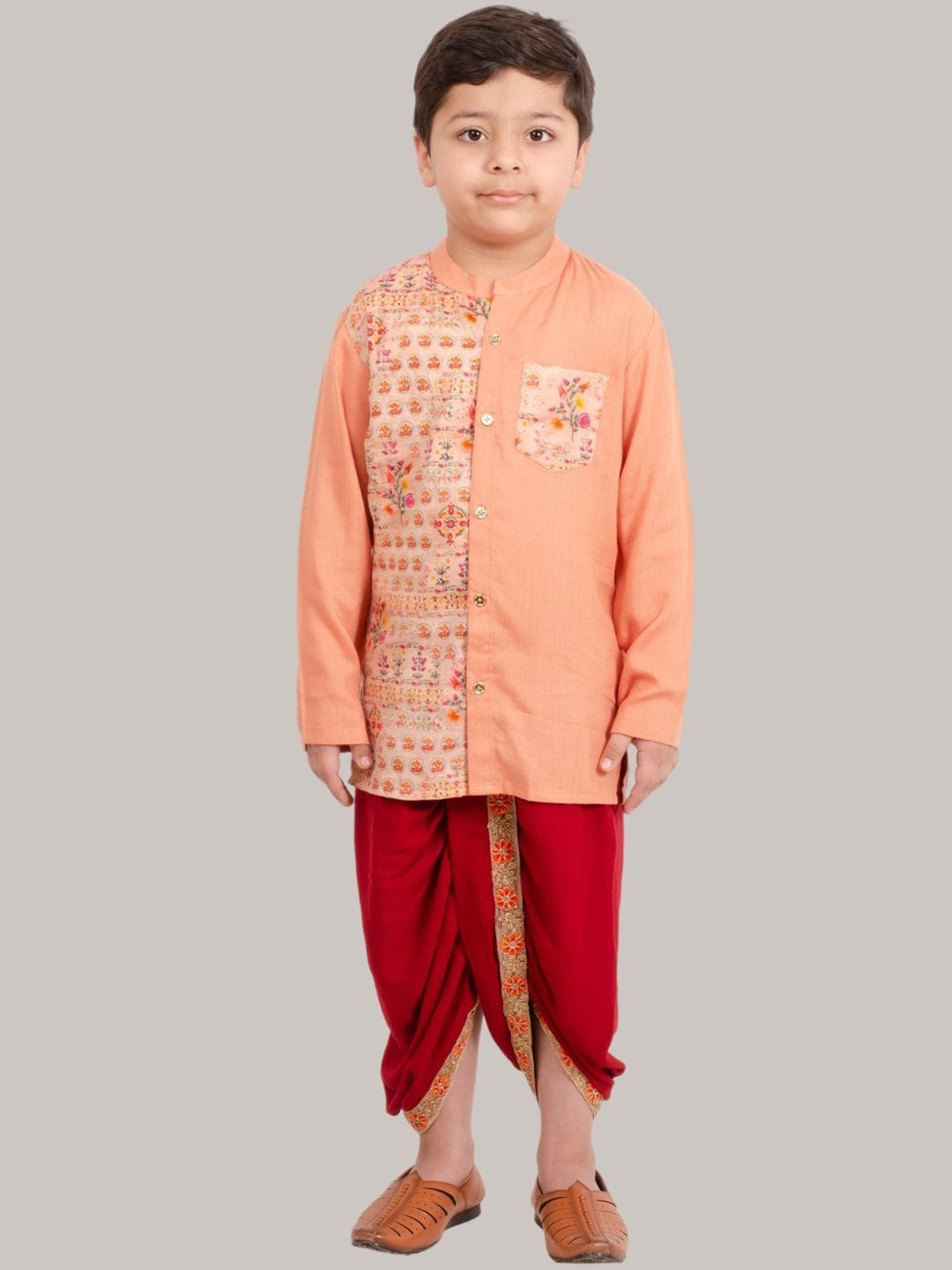 

Muffin Shuffin Boys Peach-Coloured & Maroon Printed Kurta with Dhoti Pants