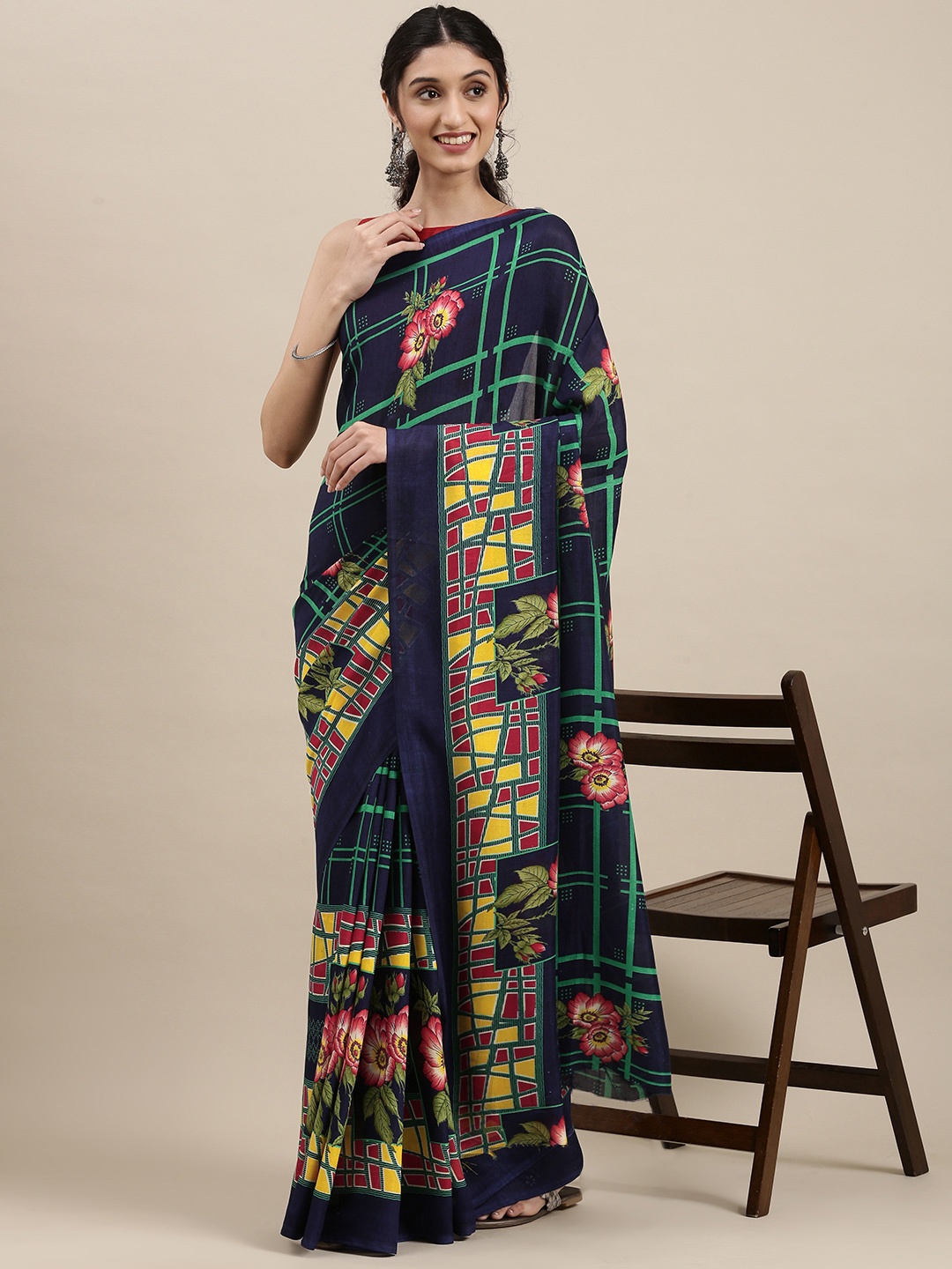 

KALINI Navy Blue & Yellow Floral Saree