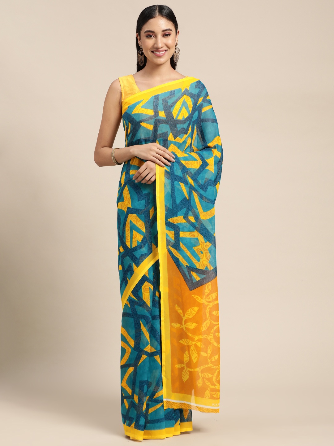 

KALINI Sea Green & Mustard Abstract Printed Saree