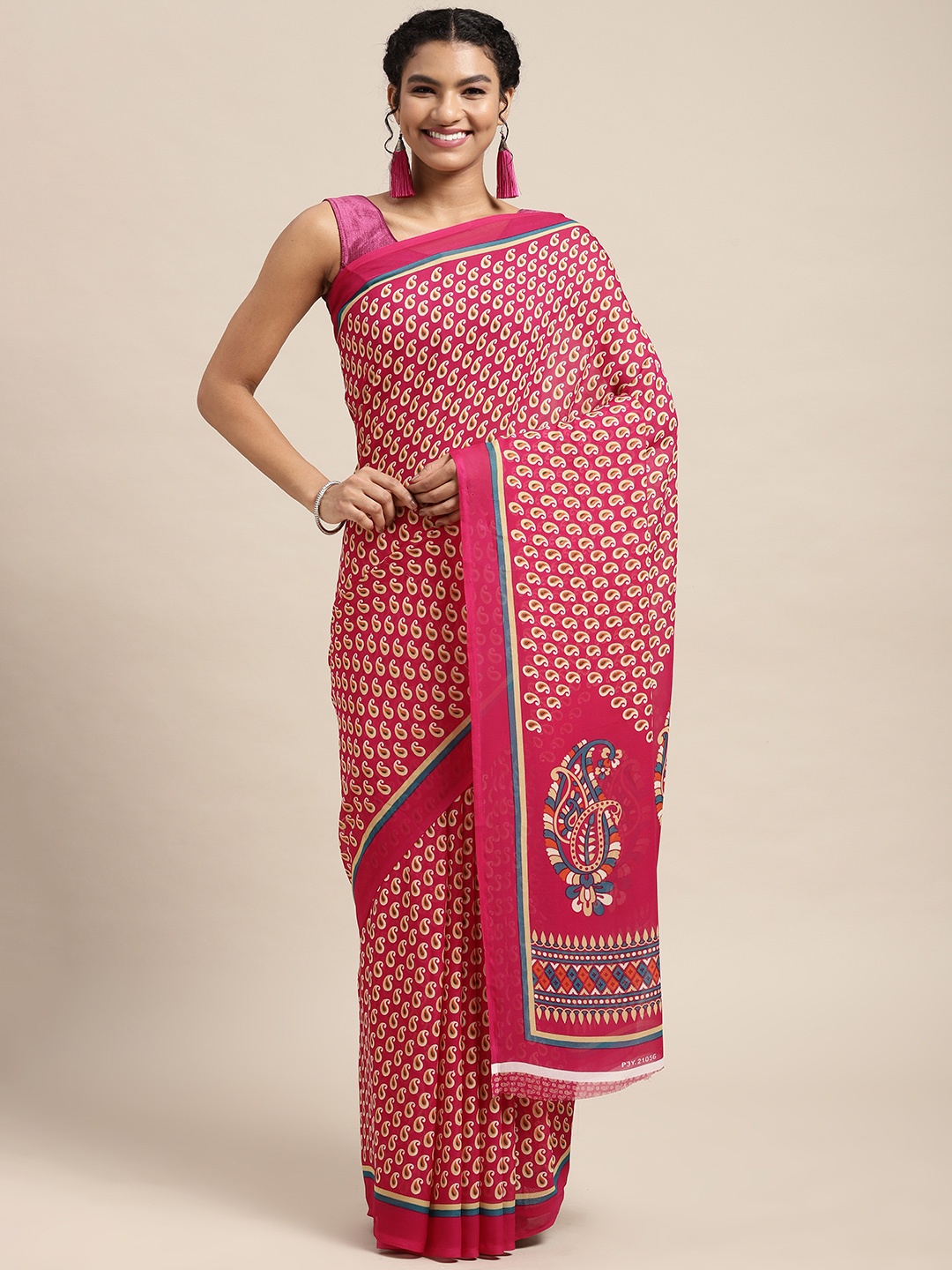 

KALINI Pink & Cream-Coloured Paisley Saree