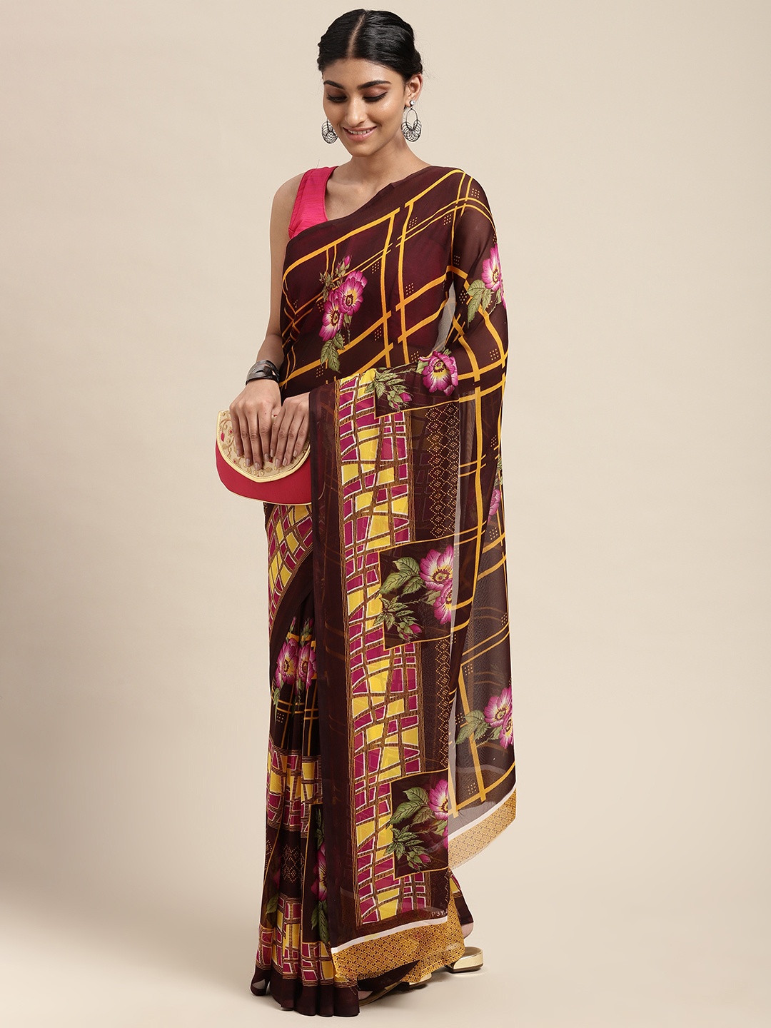 

KALINI Brown Floral Poly Georgette Casual Saree