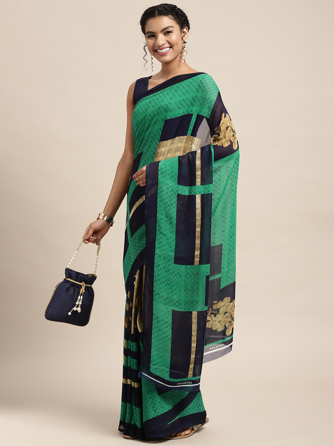 

KALINI Sea Green & Navy Blue Printed Saree