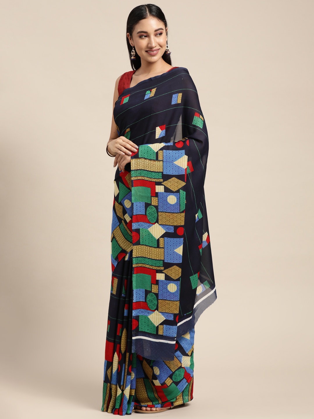 

KALINI Navy Blue Geometric Poly Georgette Casual Saree