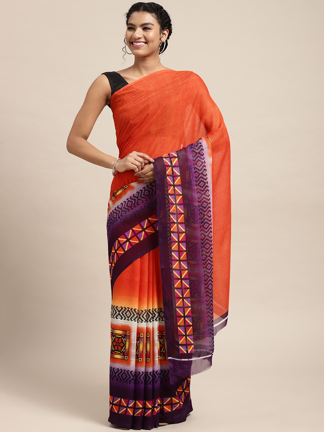

KALINI Orange & Purple Ethnic Motifs Saree
