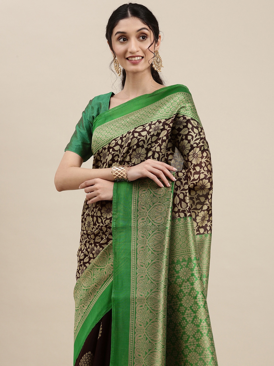 

KALINI Women Brown & Green Ethnic Motifs Saree