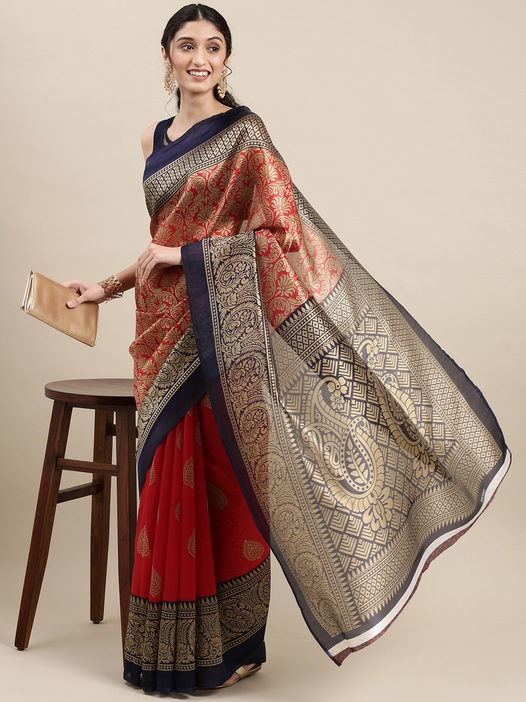 

KALINI Navy Blue & Red Ethnic Motifs Saree