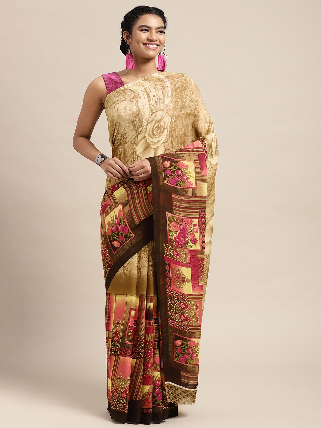 

KALINI Beige & Coffee Brown Floral Saree