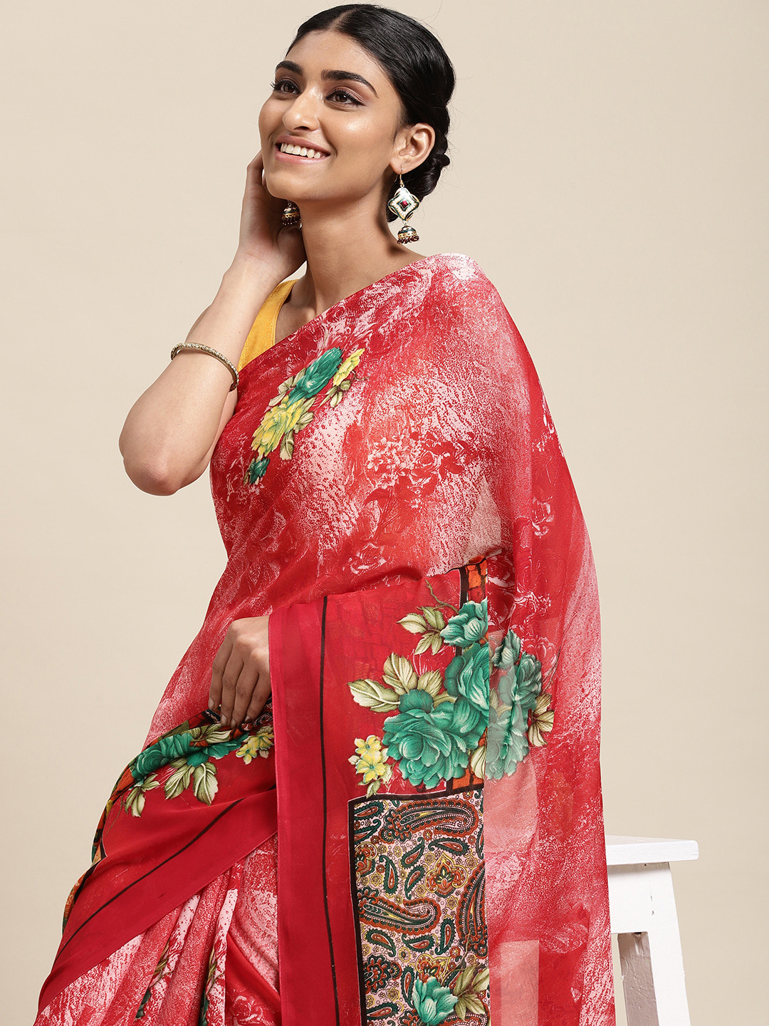 

KALINI Red Floral Poly Georgette Casual Saree