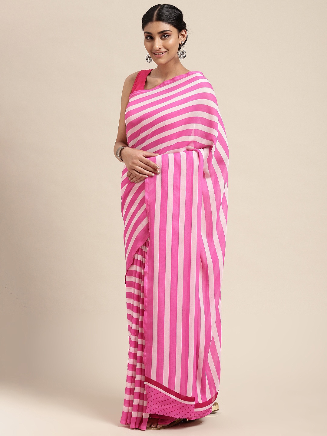 

KALINI White & Pink Striped Poly Georgette Casual Saree