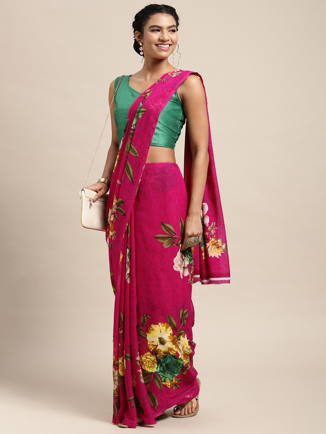 

KALINI Pink & Green Floral Saree