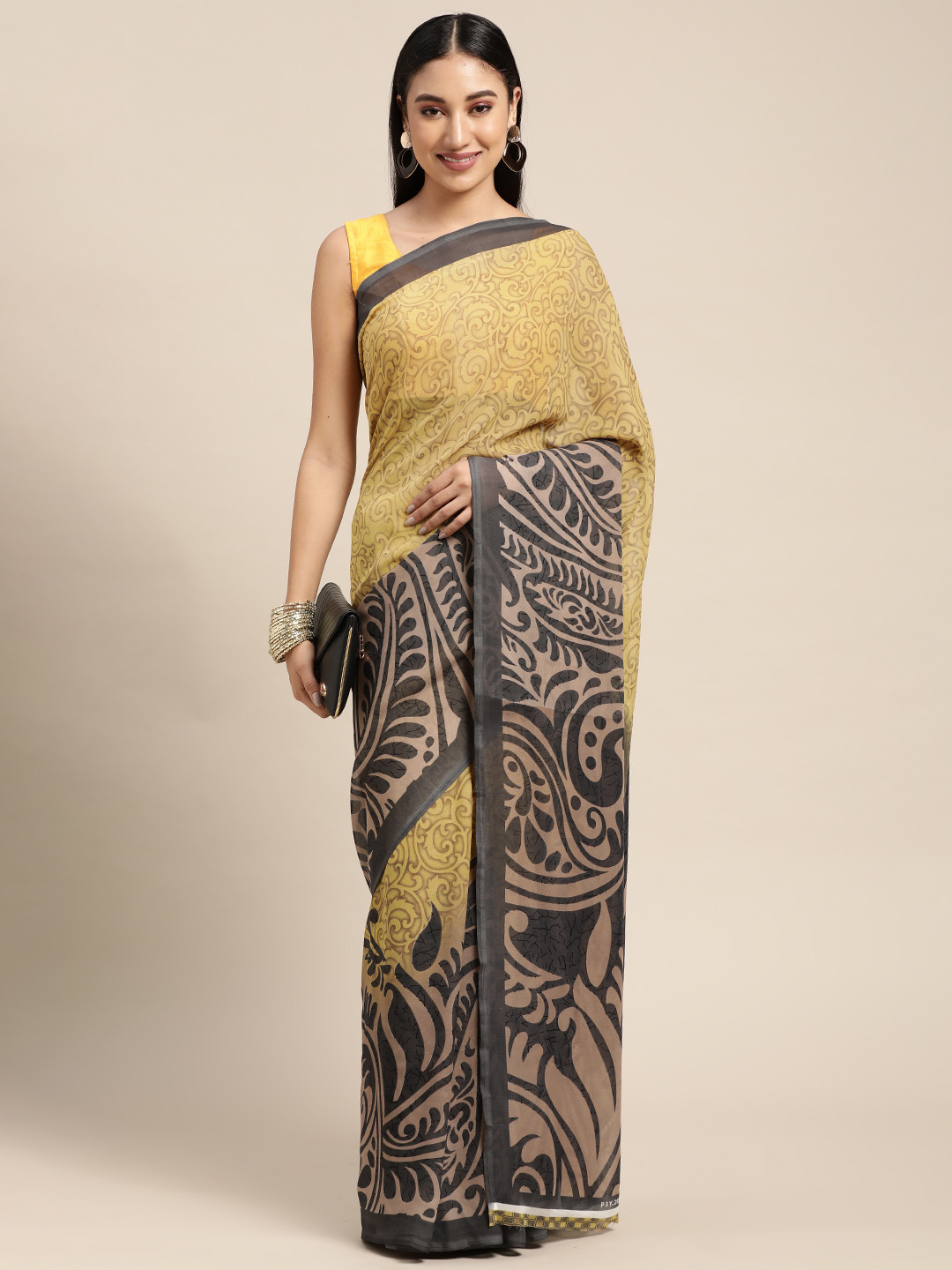 

KALINI Yellow & Grey Paisley Saree