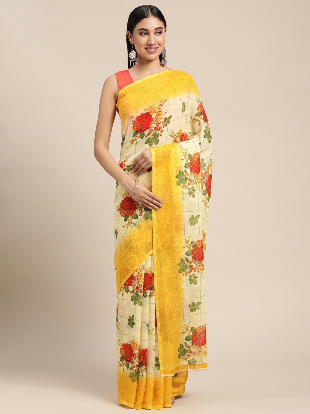 

KALINI Beige & Yellow Floral Saree