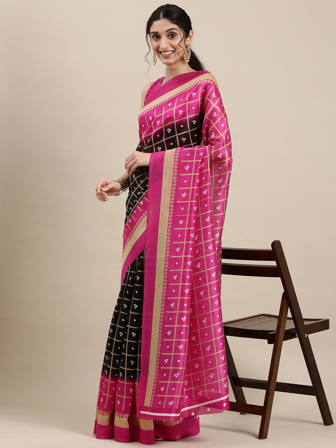 

KALINI Pink & Black Bandhani Art Silk Saree
