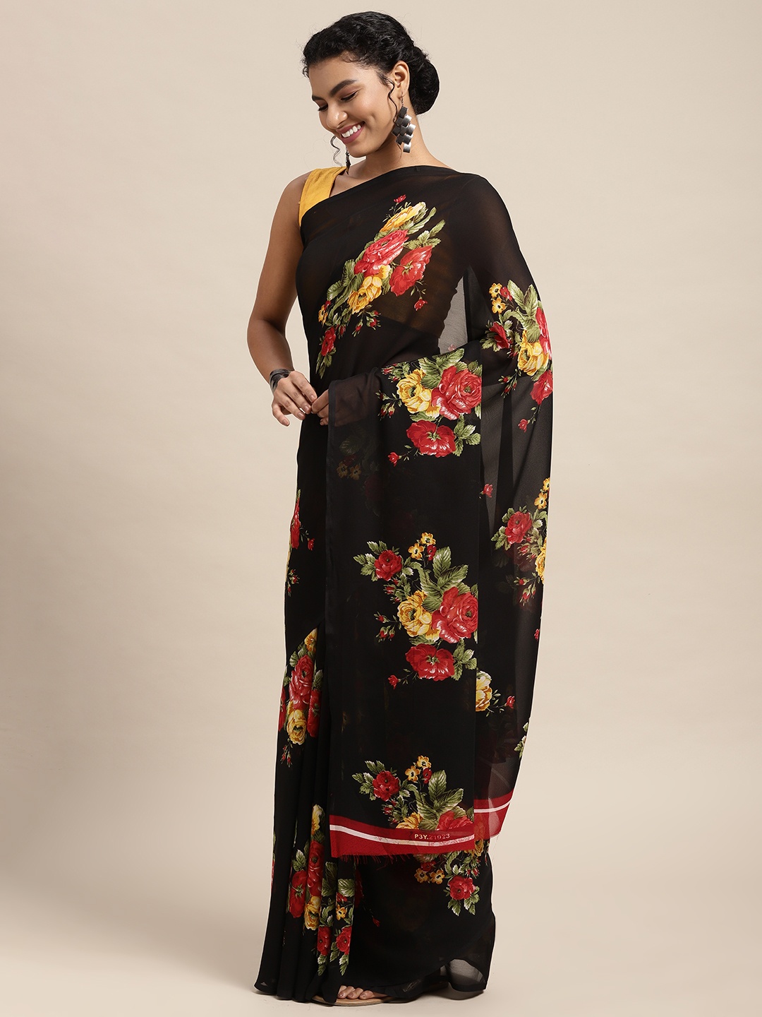 

KALINI Black & Red Floral Saree