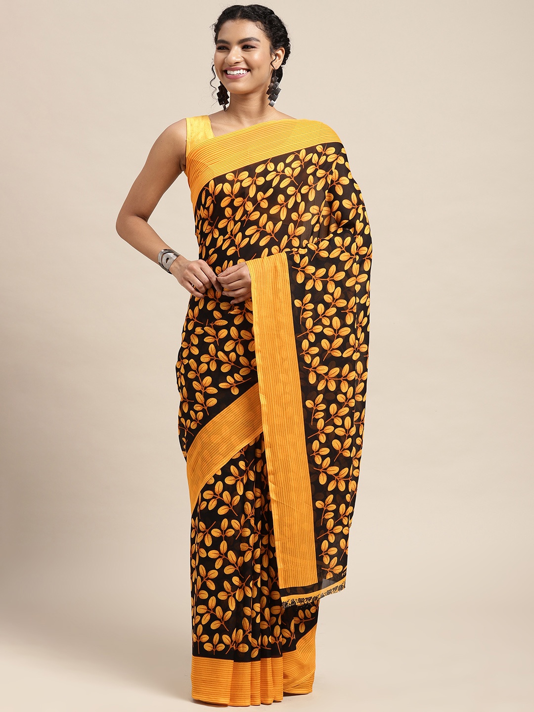 

ANAND SAREES Black & Mustard Floral Saree