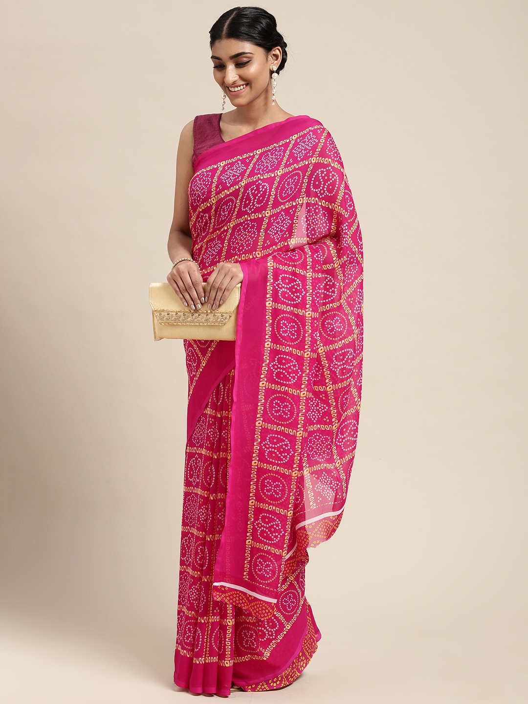 

KALINI Pink Bandhani Poly Georgette Casual Saree