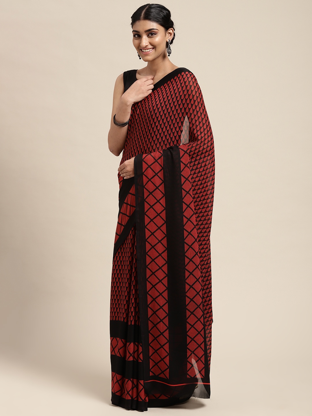 

ANAND SAREES Black & Red Paisley Poly Georgette Casual Saree