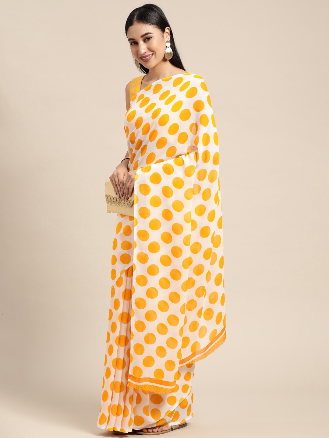 

KALINI White & Yellow Poly Georgette Casual Saree