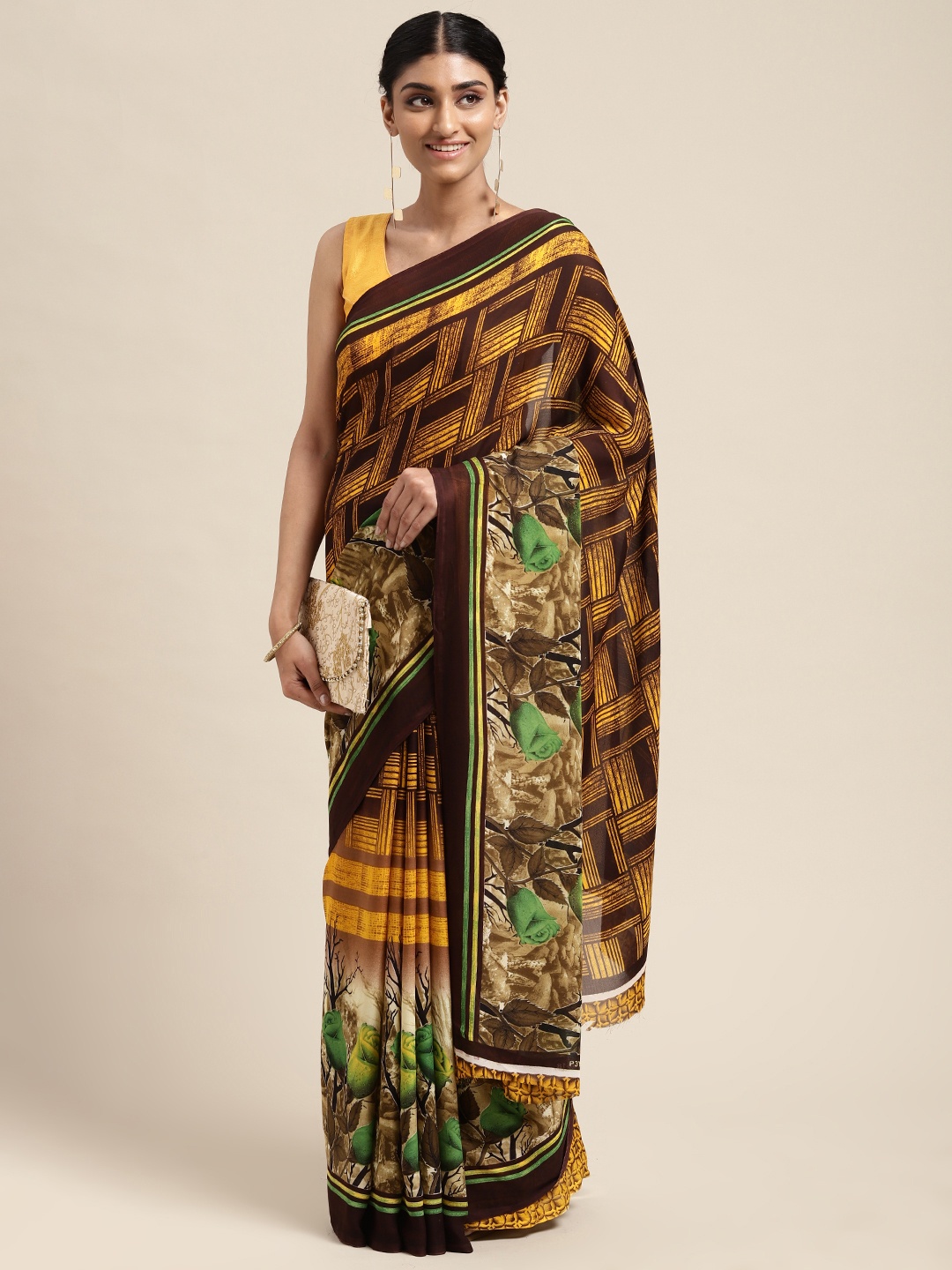 

KALINI Yellow & Brown Poly Georgette Casual Saree