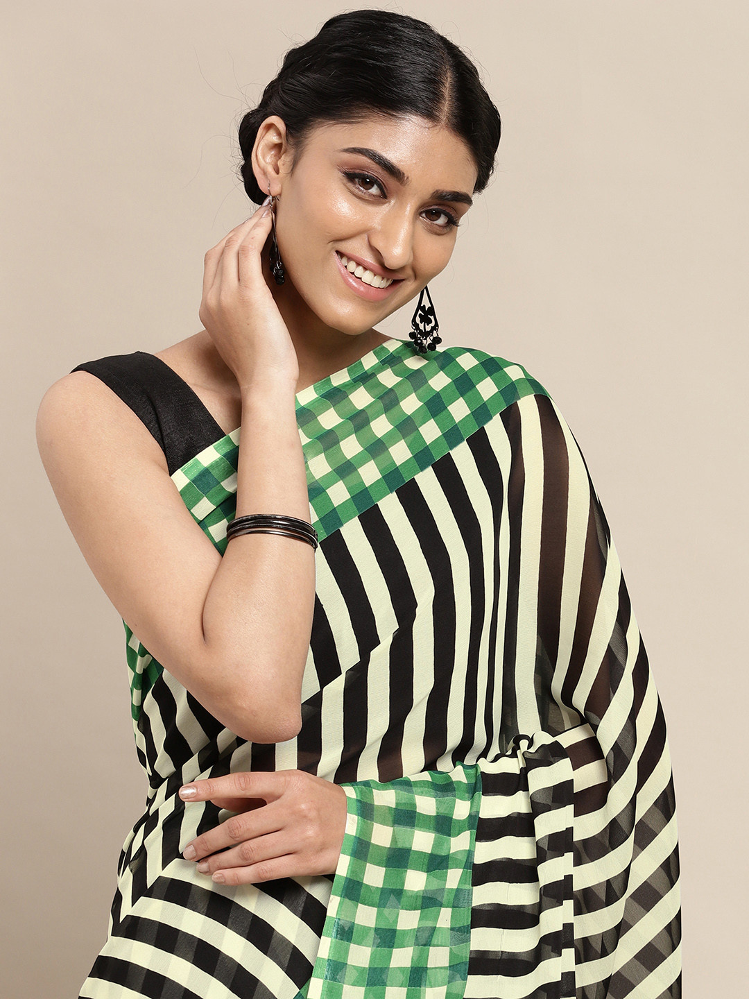 

ANAND SAREES Green & Black Striped Poly Georgette Casual Saree