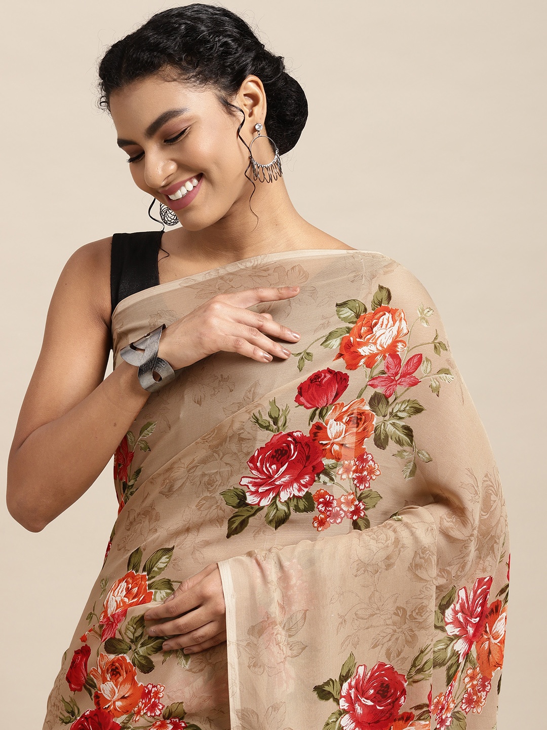 

KALINI Beige & Red Floral Saree