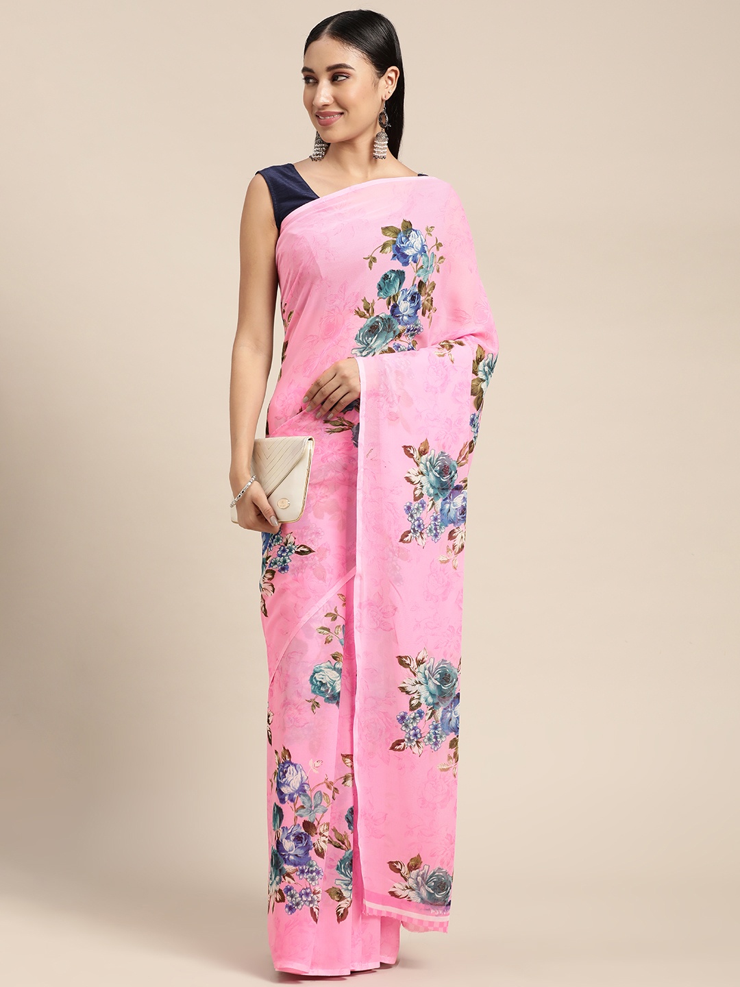 

KALINI Pink & Blue Floral Saree