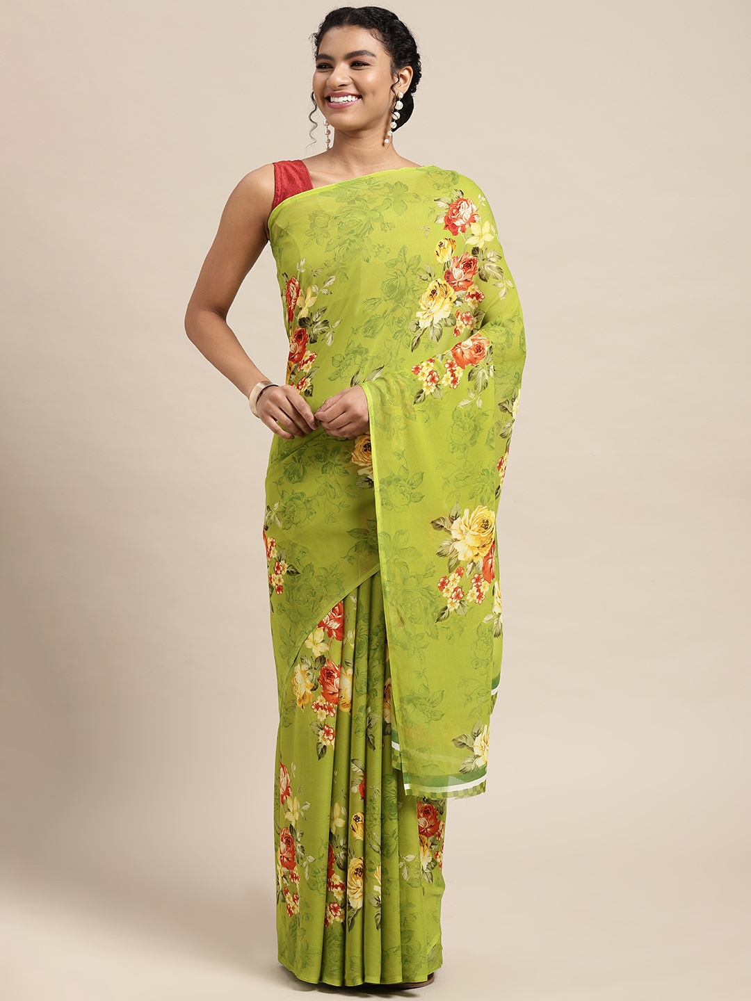 

ANAND SAREES Lime Green & Orange Floral Saree