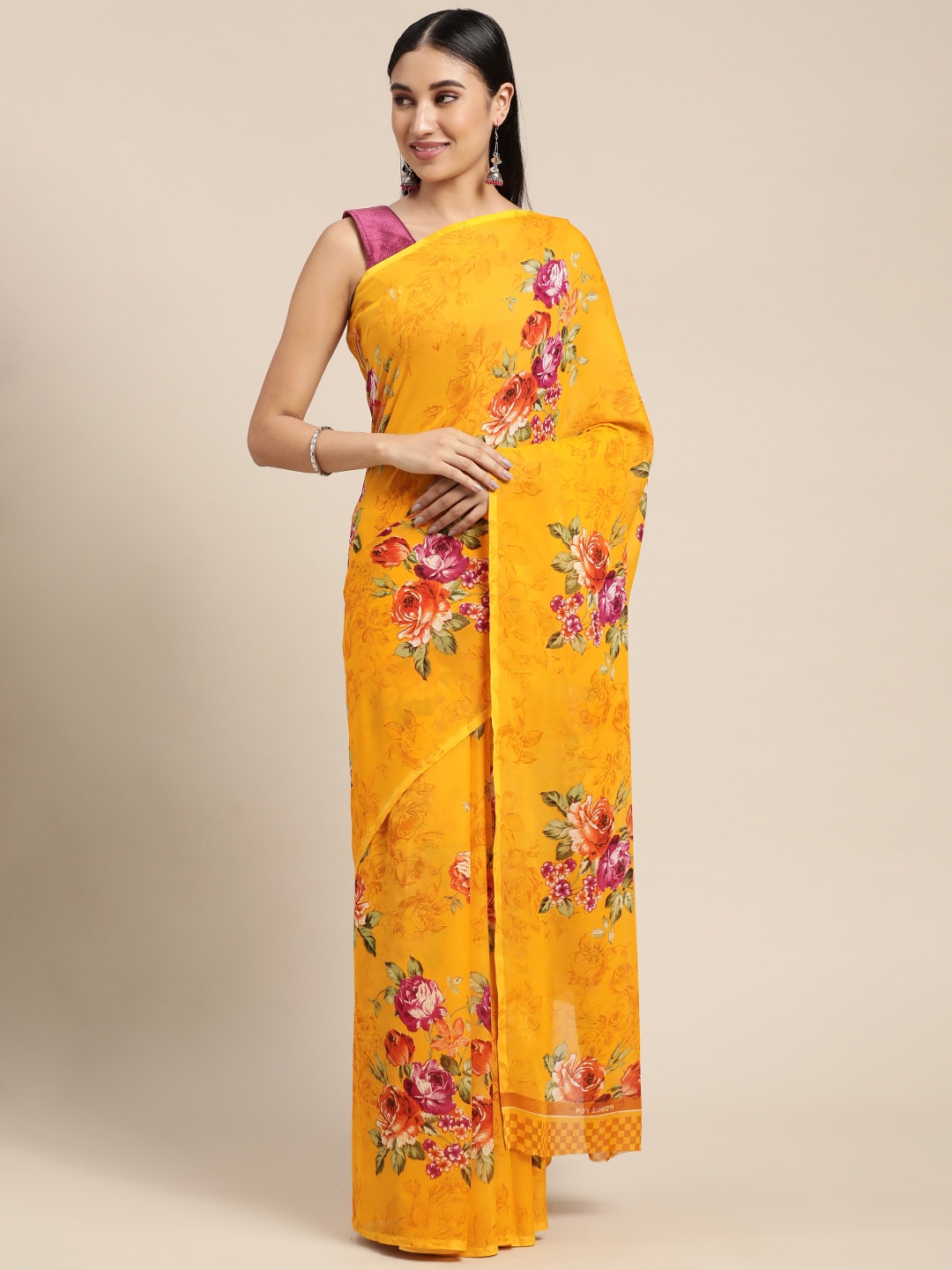 

KALINI Yellow & Pink Floral Saree